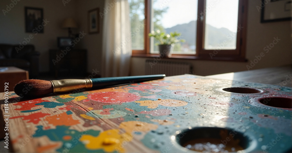 Paintbrush on colorful palette in sunlit art studio