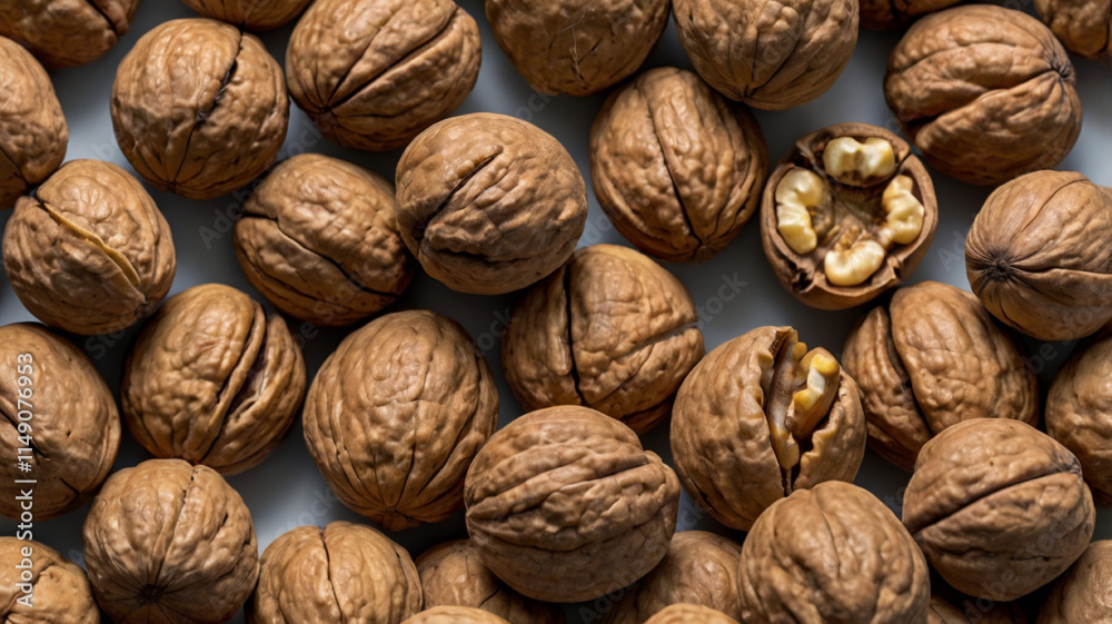 Gathered walnuts evoke images of autumnal bounty, where ripe, brown nuts are carefully collected from beneath towering walnut trees. The process often involves raking fallen leaves, shaking branches g Gathered walnuts evoke images of autumnal bounty, where ripe, brown nuts are carefully collected from beneath towering walnut trees. The process often involves raking fallen leaves, shaking branches g
