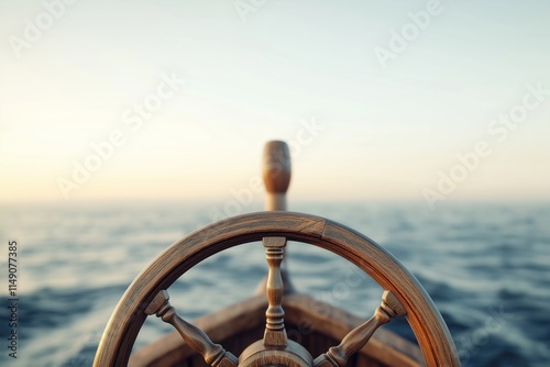 Wooden ship steering wheel stands out against sea background. Focus on vintage helm. Sea calm, serene. Imagine captain navigating with care, precision. Retro style ship control piece. Cruise on photo