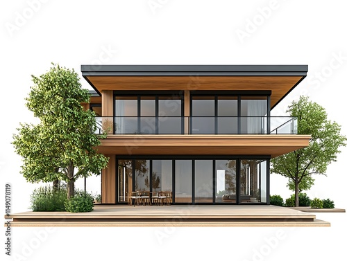 lakefront house with large windows and wooden deck isolated on white background photo