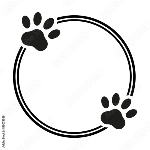 Round frame with dog paws and simple lines. Vector silhouette design for animal lovers. Isolated decorative element