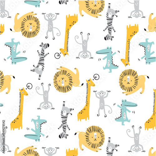 Cute Giraffes, lions, monkeys, zebras, crocodiles pattern