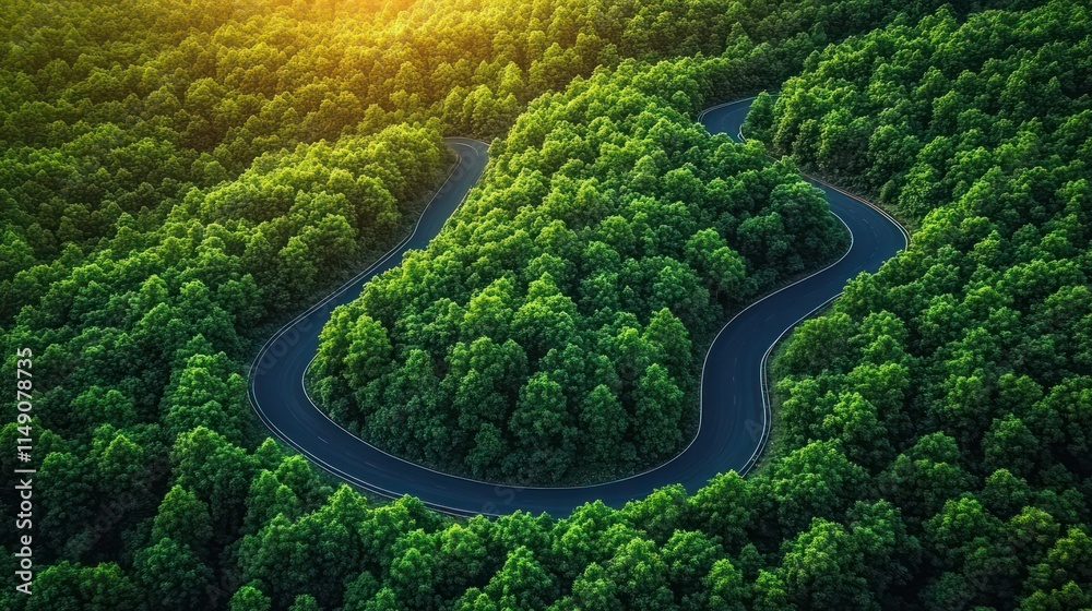 A winding road through a lush green forest at sunset. A winding road through a lush green forest at sunset.