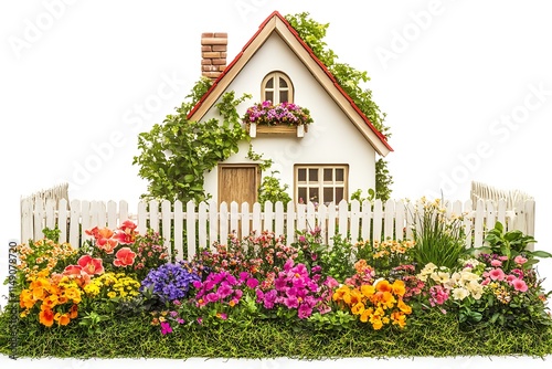 house with garden fence and colorful flowers isolated on white background photo