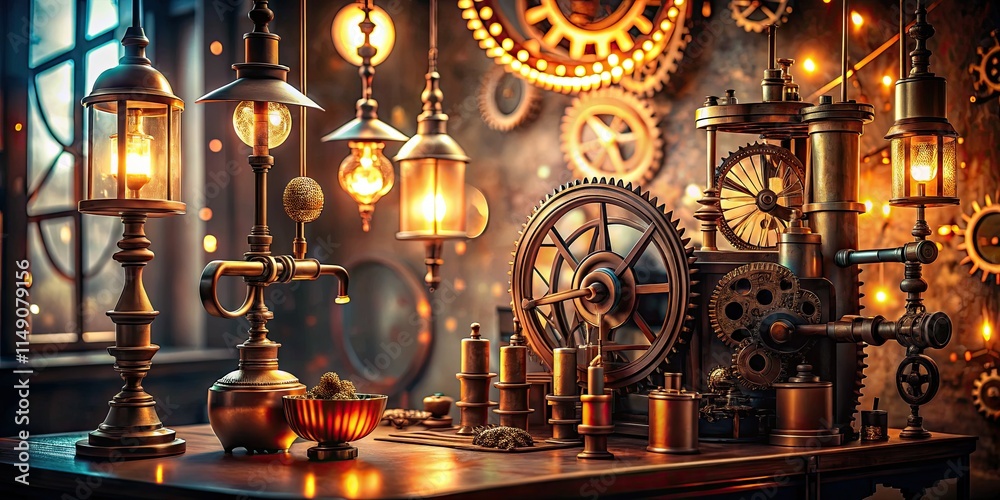 Obraz premium Bokeh-blurred steampunk office: vintage gears, copper pipes, and a ticking mechanical clock.