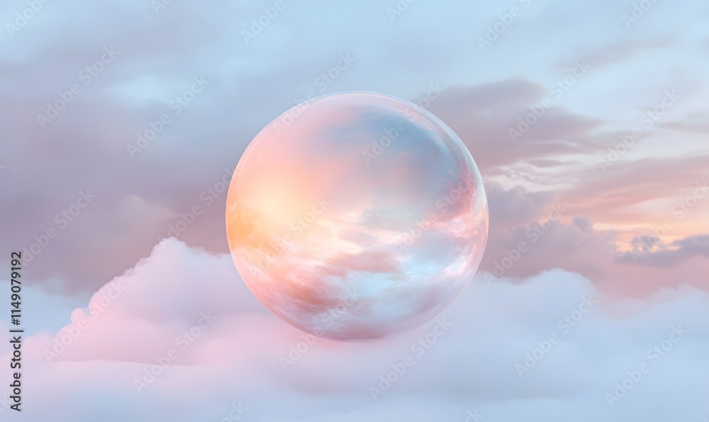 Translucent sphere floats in a pastel, cloudy sky at twilight. Translucent sphere floats in a pastel, cloudy sky at twilight.