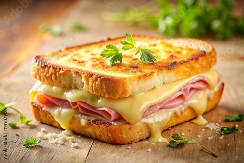 Gourmet Croque Monsieur: Crispy, Melted Cheese & Ham Sandwich on Cream Background