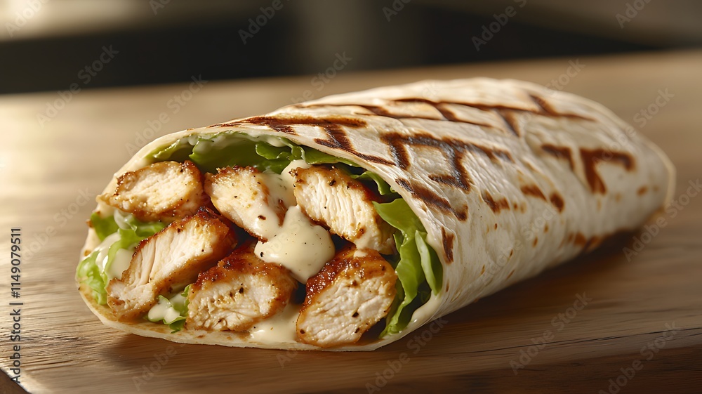 Grilled Chicken Wrap with Lettuce, Tomato, and a Creamy Sauce in a Lightly Toasted Tortilla Grilled Chicken Wrap with Lettuce, Tomato, and a Creamy Sauce in a Lightly Toasted Tortilla