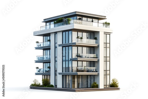 apartment tower with penthouse balcony isolated on white background photo