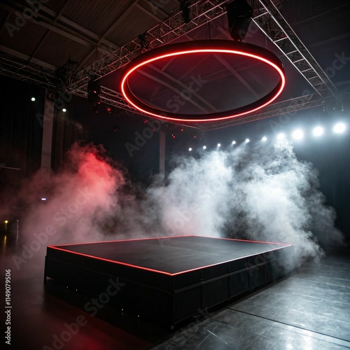 Dynamic Stage Design with Red Lighting and Fog Effects Generative AI photo