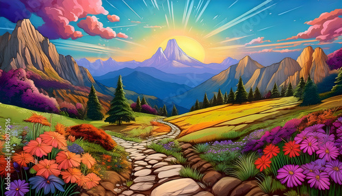 Colorful, The around the world wonder, a path to sinanitsa peak, line drawing photo