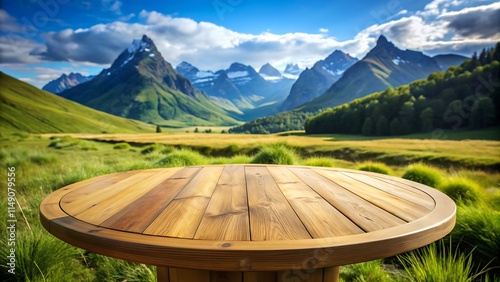 empty Table wooden Podium for product display.background in mountrain with natural conceot. photo