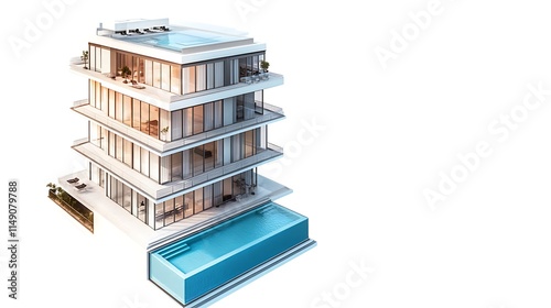 residential tower with rooftop pool isolated on white background photo