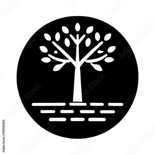 Tree of Life in Circle:  A stylized minimalist illustration of a tree rooted in earth, encircled in a black background. Evokes concepts of growth, nature and resilience. 
