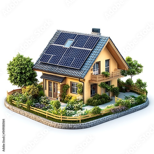 house with solar shingles and modern garden isolated on white background photo