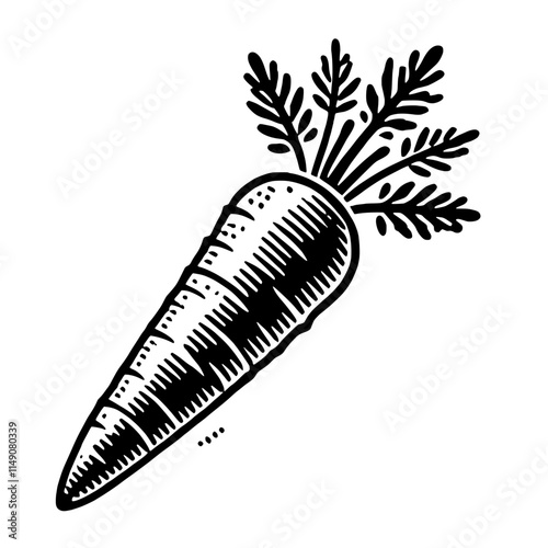 Carrot Illustration: A classic black and white illustration of a carrot with a vintage woodcut style. The image is simple yet striking, perfect for adding a touch of rustic charm to your design. 