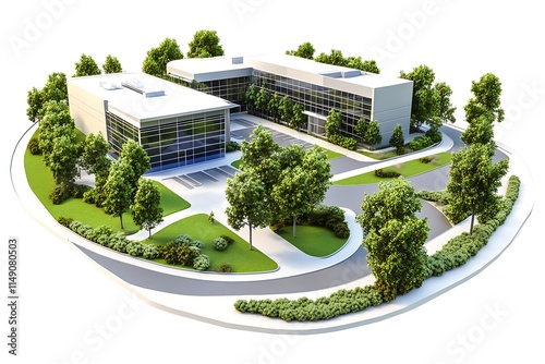 corporate campus with jogging path and fitness center isolated on white background photo