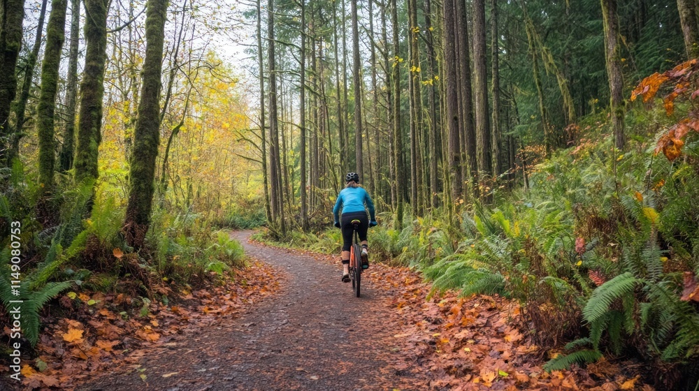 Obraz premium Cyclist on autumn trail through forest.