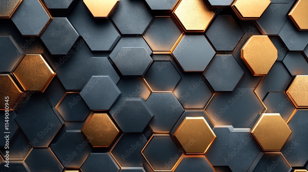 Stunning gold, brown, gray, and black hexagonal 3D shape texture wall with abstract futuristic, opulent digital geometric technology Stunning gold, brown, gray, and black hexagonal 3D shape texture wall with abstract futuristic, opulent digital geometric technology