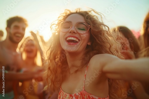 Group of friends joyfully dancing at social gathering. People laughing, enjoying music. Evening night time celebration. Energetic vibes of summer festival party. Fun atmosphere with upbeat music. photo