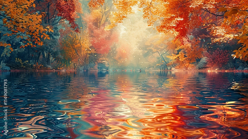 Fototapeta premium Autumnal Reflections: A serene lake mirroring vibrant fall foliage.