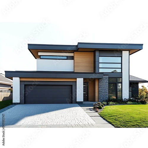 modern suburban home with garage and paved driveway isolated on white background photo