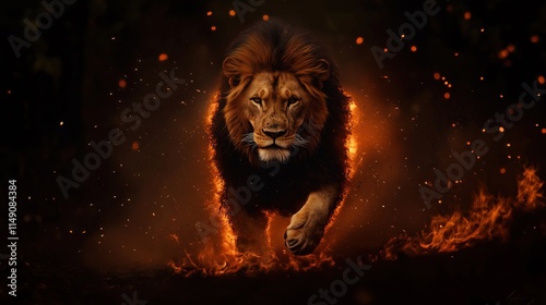 Majestic lion prowls through jungle. Fiery trails light up wilderness at twilight. Powerful predator explores habitat. Animal displays strength, dominance. Nature scene shows nocturnal ambiance. Wild