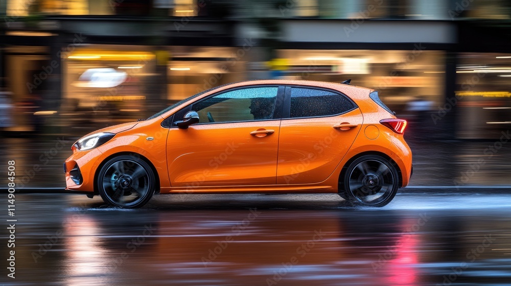 Vibrant Orange Compact Car Driving Through Rainy City Streets Vibrant Orange Compact Car Driving Through Rainy City Streets