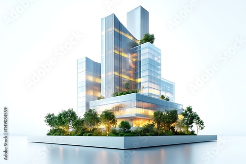 corporate headquarters with illuminated logo and artistic design isolated on white background photo