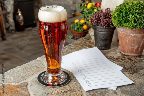 The pub quiz concept. Beer glass and blank paper for answers. , isolated on white background,  , copy space, copy space for text,