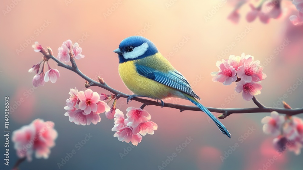 Fototapeta premium Colorful Bird Perched on Branch Surrounded by Cherry Blossoms
