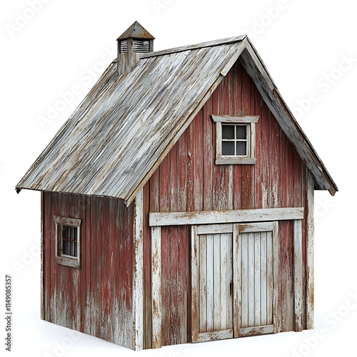 rustic barn-style home with weathered wood siding isolated on white background photo