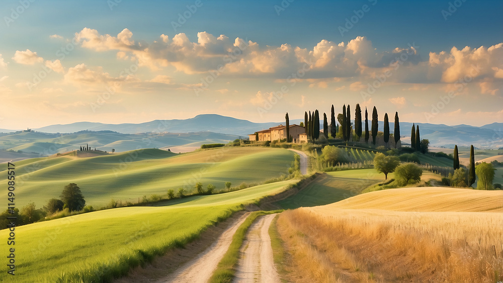 Fototapeta premium italy tuscany countryside rolling hills; summer farmland and country road