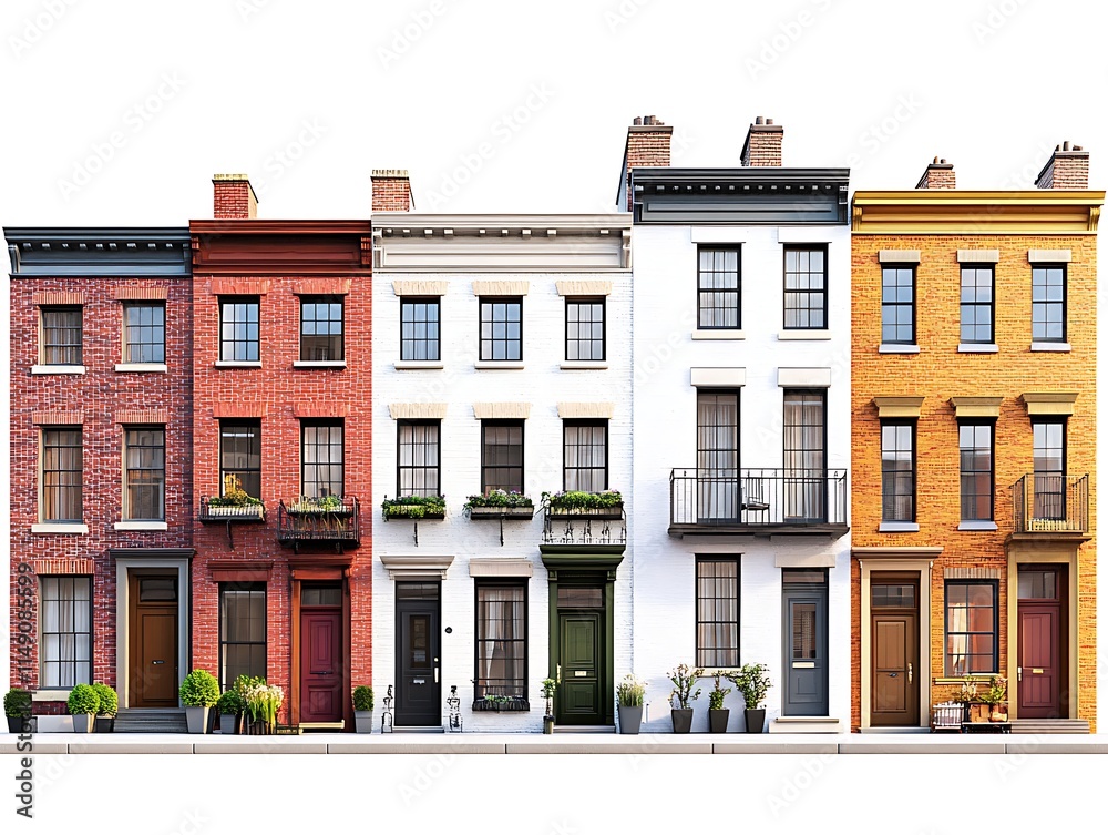 Fototapeta premium row of classic townhouses with brick facades isolated on white background