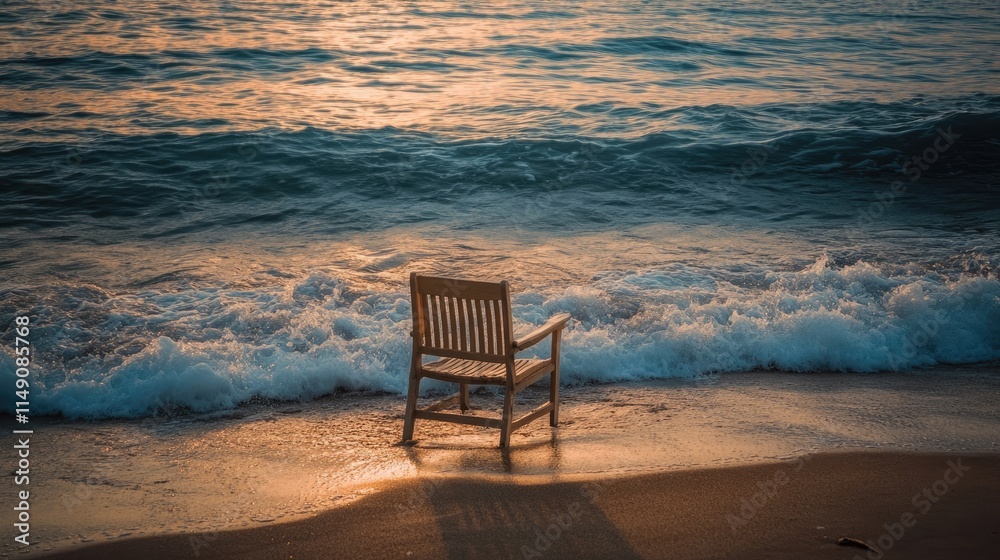 Wooden Chair on Sandy Beach with Gentle Waves and Setting Sun Wooden Chair on Sandy Beach with Gentle Waves and Setting Sun