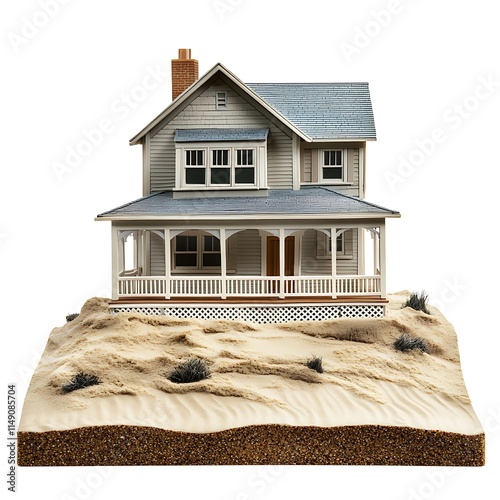 beach house with sand dune protection walls isolated on white background photo