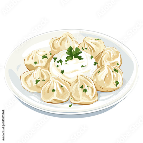 Plate of Pelmeni with Basil Garnish Illustration