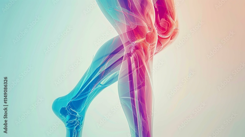 Anatomical rendering of a human leg, showcasing intricate muscle and bone structure. Anatomical rendering of a human leg, showcasing intricate muscle and bone structure.