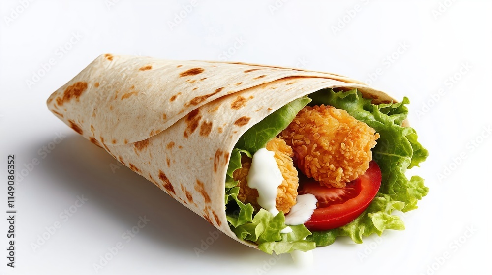 Freshly made chicken wrap with crispy chicken pieces lettuce tomato and ranch dressing. Healthy and delicious meal. Perfect for lunch or dinner. Food is ready to eat. Fast food or snack concept. Freshly made chicken wrap with crispy chicken pieces lettuce tomato and ranch dressing. Healthy and delicious meal. Perfect for lunch or dinner. Food is ready to eat. Fast food or snack concept.
