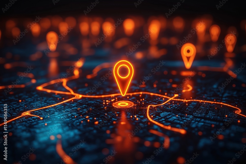 Abstract map visualization shows glowing orange location pins on dark background. Digital city map with bright orange glowing location markers. Futuristic tech urban map. Navigation interface Abstract map visualization shows glowing orange location pins on dark background. Digital city map with bright orange glowing location markers. Futuristic tech urban map. Navigation interface