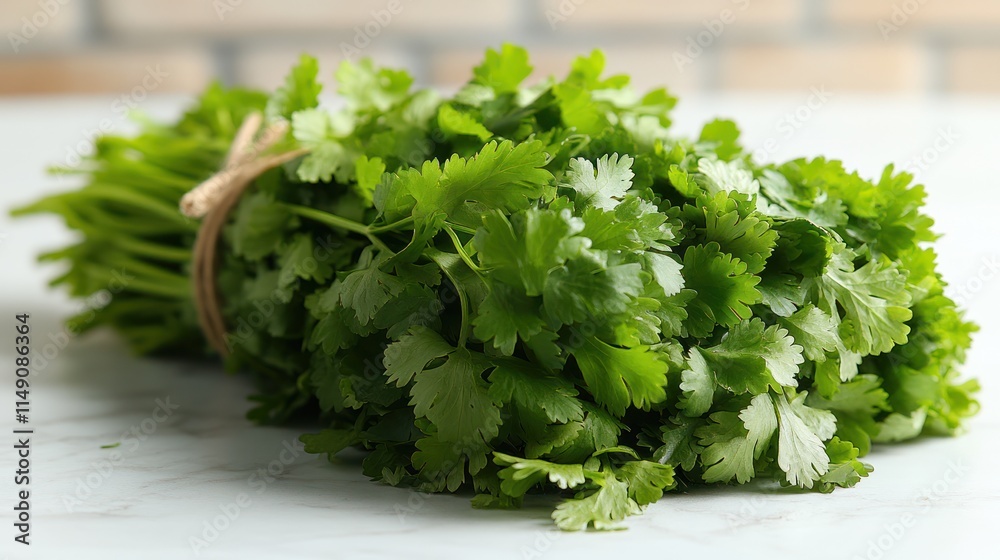 Fresh cilantro bunch tied with twine on marble surface. Fresh cilantro bunch tied with twine on marble surface.