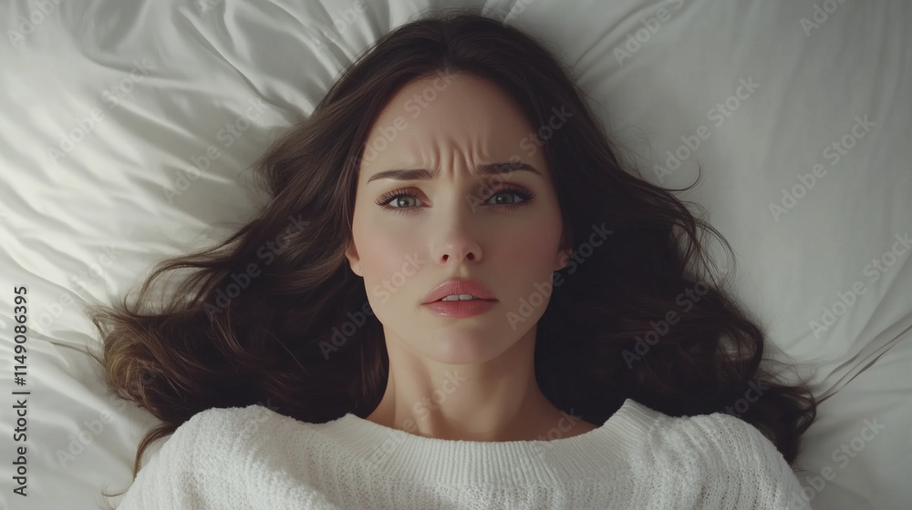 Beautiful Brunette in Bed Looking Upset, Cozy Scene Beautiful Brunette in Bed Looking Upset, Cozy Scene