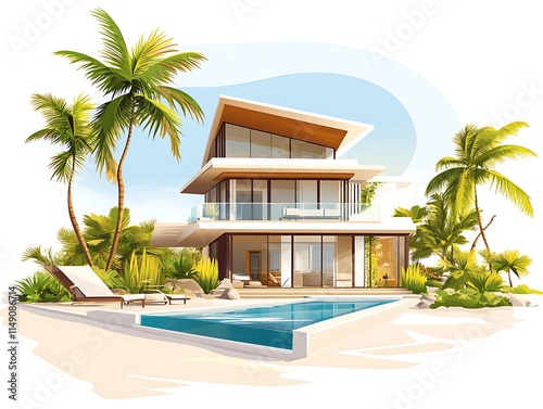 beachfront villa with large patio and ocean view isolated on white background photo