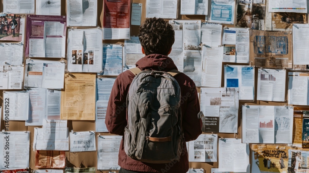Person standing in front of a job listings board, scanning opportunities with a focused expression. The scene conveys the pursuit of career advancement and the search for meaningful employment.