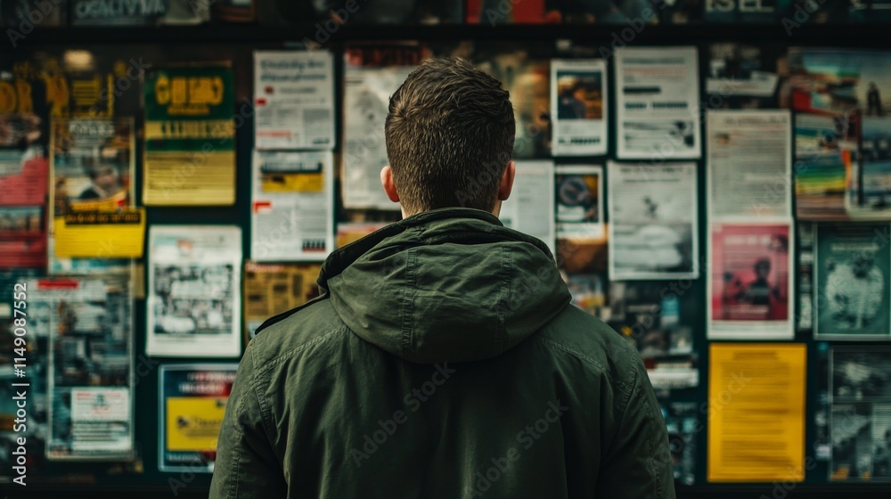 Person standing in front of a job listings board, scanning opportunities with a focused expression. The scene conveys the pursuit of career advancement and the search for meaningful employment. Person standing in front of a job listings board, scanning opportunities with a focused expression. The scene conveys the pursuit of career advancement and the search for meaningful employment.