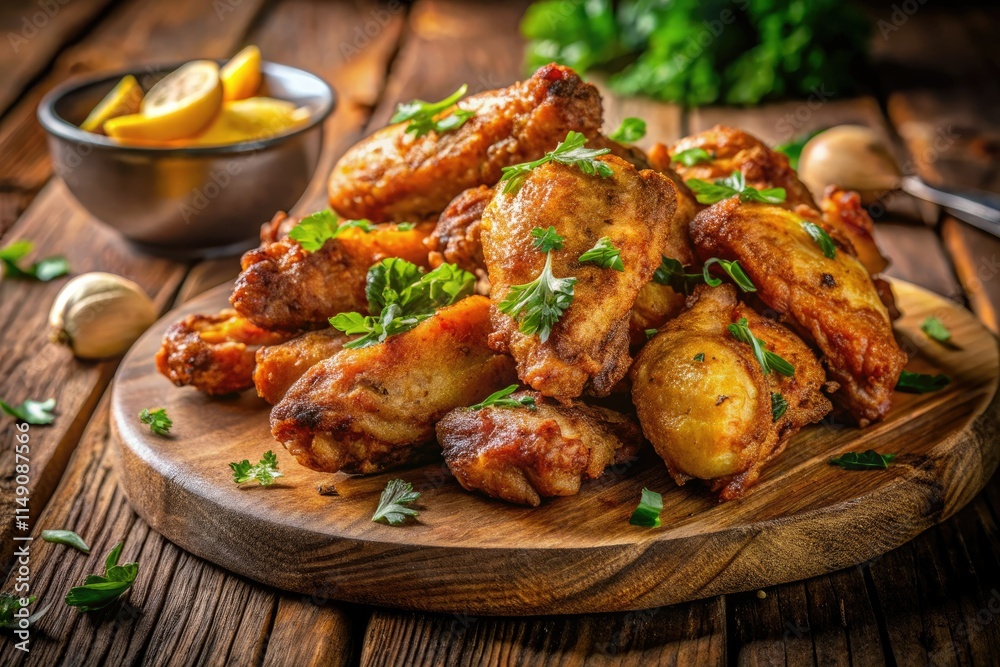 Fototapeta premium Crispy chicken wings and potato wedges: a simple, delicious homemade snack or easy dinner recipe.