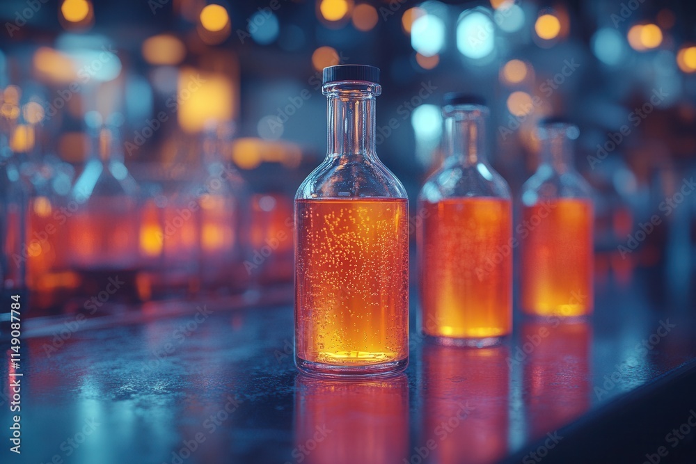 Brightly colored bottles filled with a glowing liquid, set against a blurred background. Brightly colored bottles filled with a glowing liquid, set against a blurred background.
