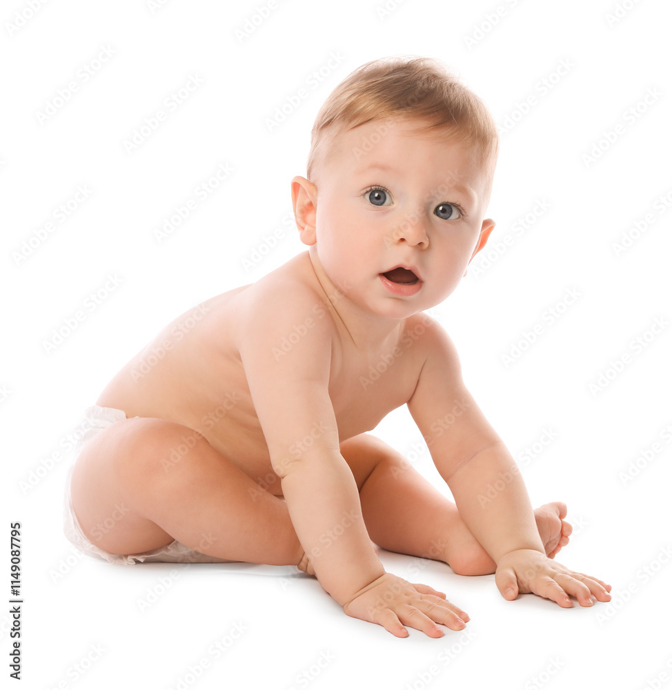 Little baby in diaper on white background Little baby in diaper on white background