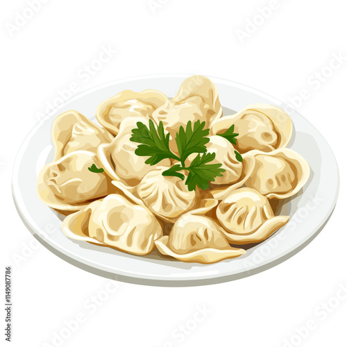 Plate of Pelmeni with Basil Garnish Illustration