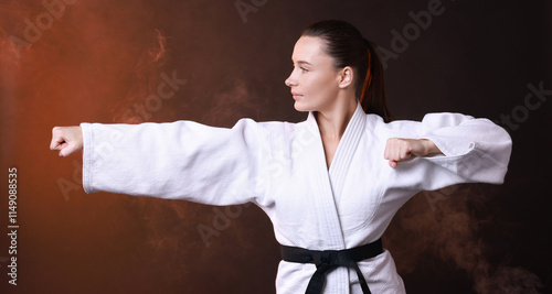 Young woman in kimono practicing karate on dark background photo